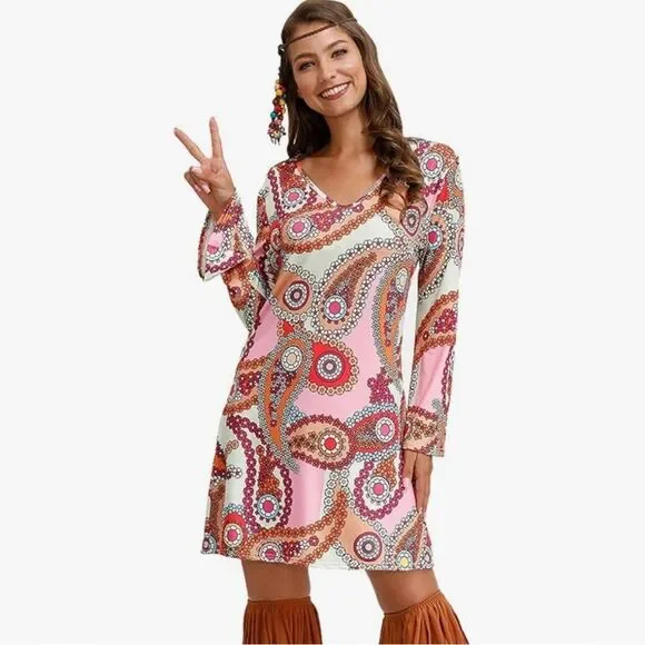 Retro Inspired Pink Patterned Dress Small NIP | Retro Mini Dress 60s 70s New - Picture 1 of 8